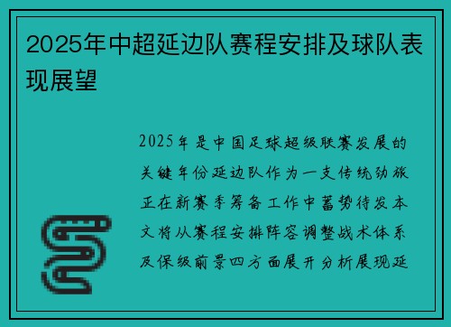 2025年中超延边队赛程安排及球队表现展望